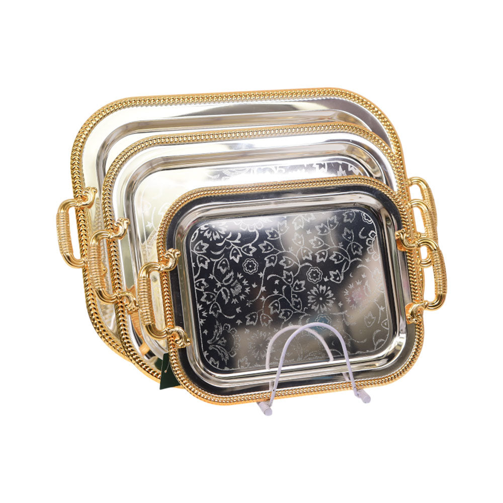TRAY SET 3PC STEEL GOLDEN SILVER IR K63-69