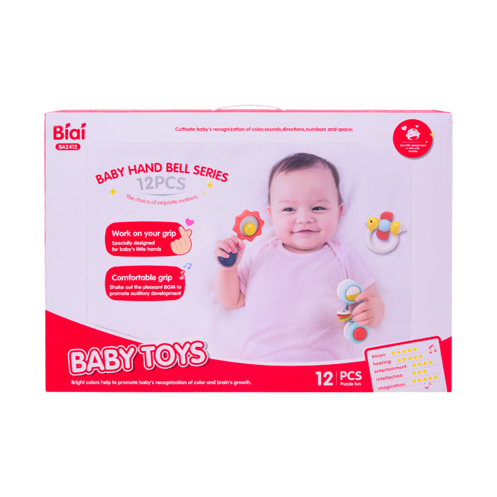 BA2412 BABY HAND BELL RATTLE SET 12PC IR