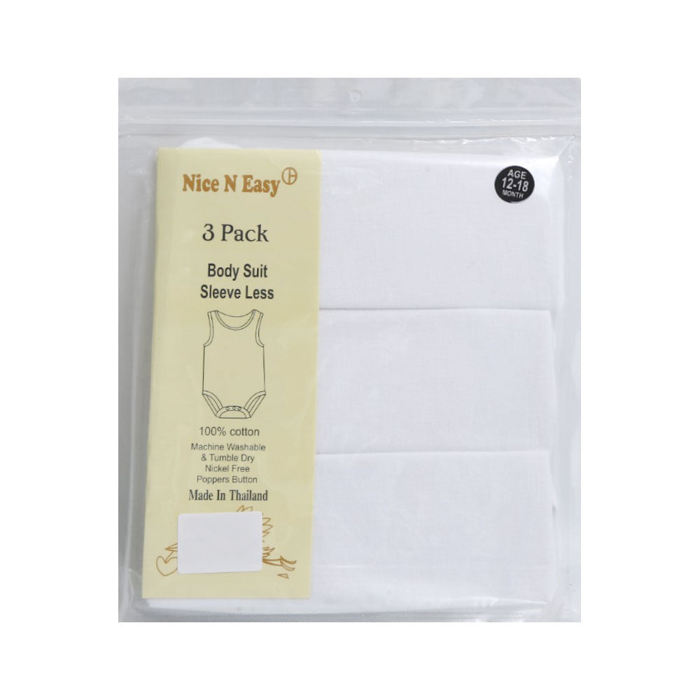 S/L BODY SUIT 3PC PACK WHITE NICE & EASY MZS-25 12-18M HC04