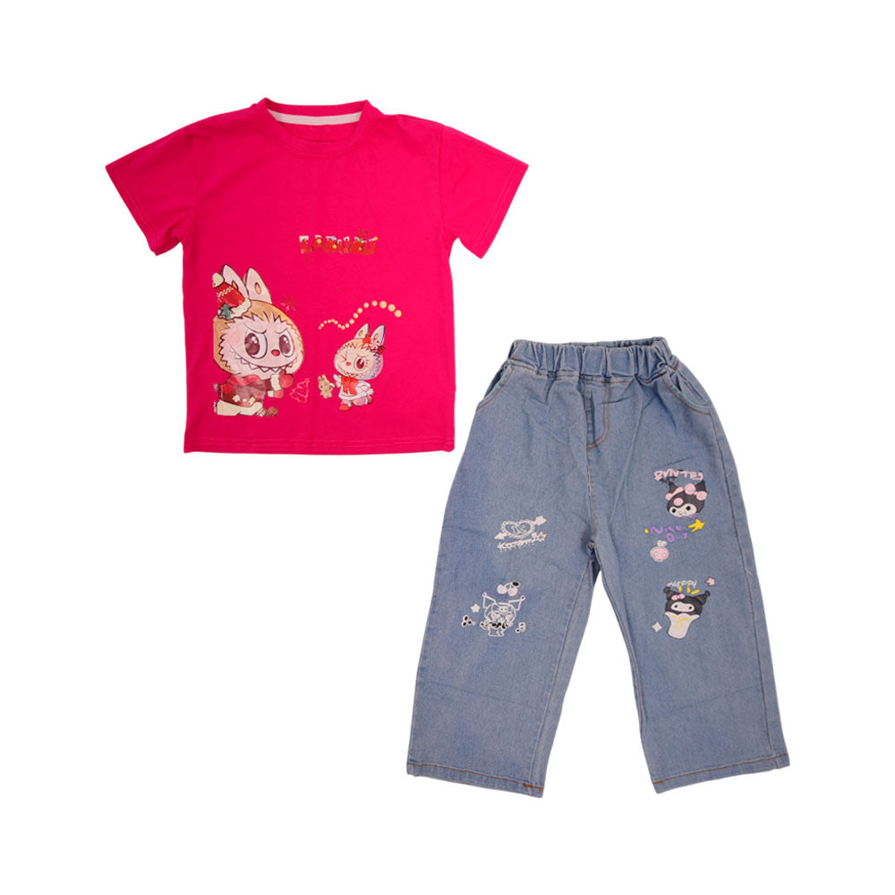 GIRLS S/S 2PC TEE+DENIM SUIT LABUBU NZS-25 3-4 YEAR C-2 A