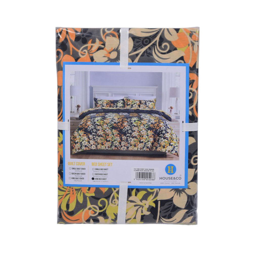 House & Co BED SHEET KING ORANGE FLOWER MAIN VERSION TC-200