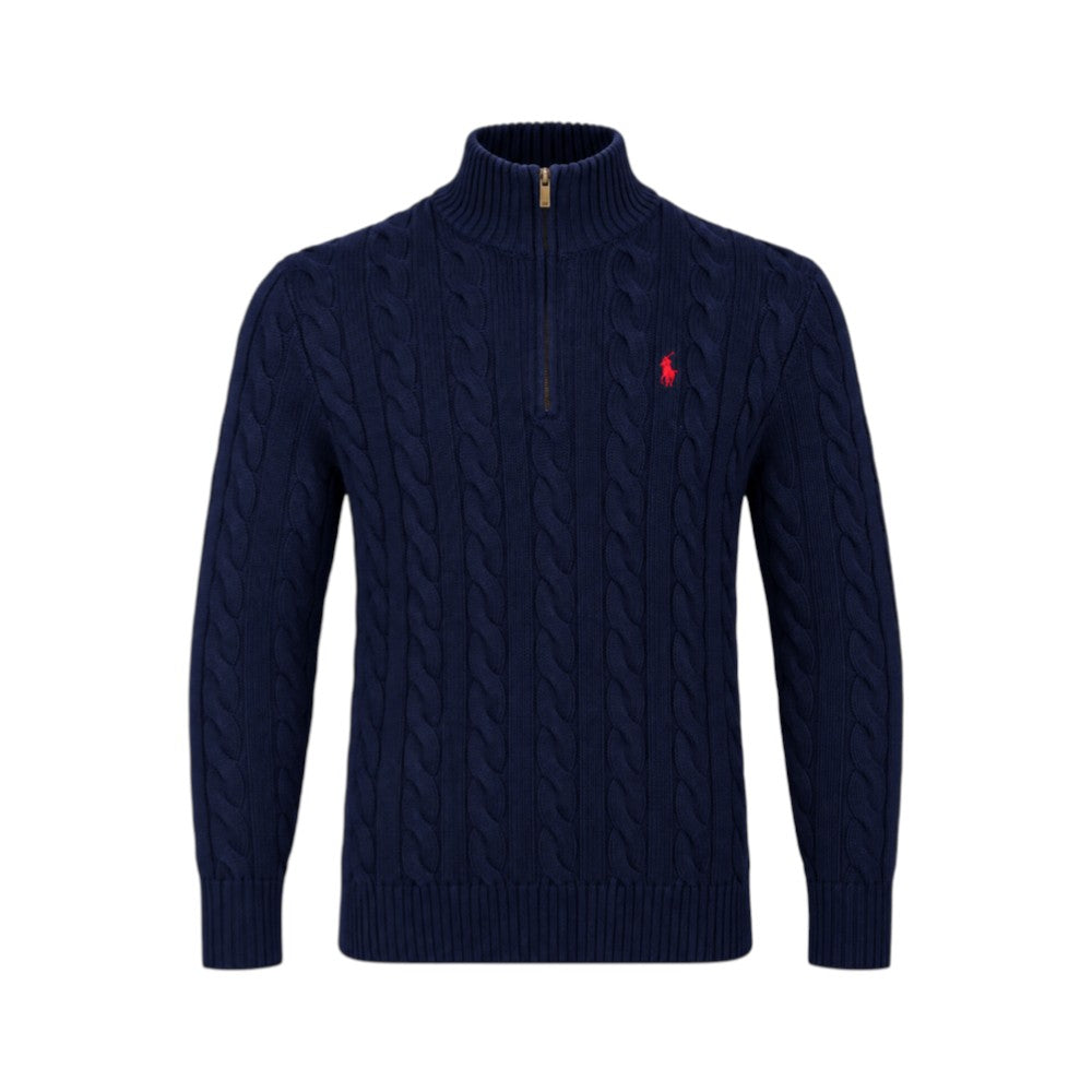 RL MEN L/S H-ZIPER CABLE KNIT SWEATER 841001 NVY (IRW)