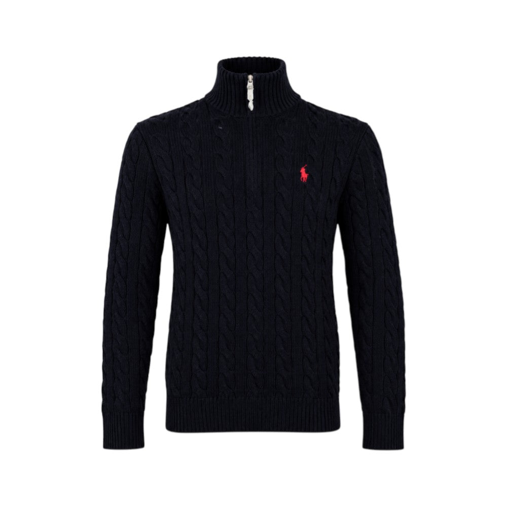 RL MEN L/S H-ZIPER CABLE KNIT SWEATER 841006 BLK (IRW)