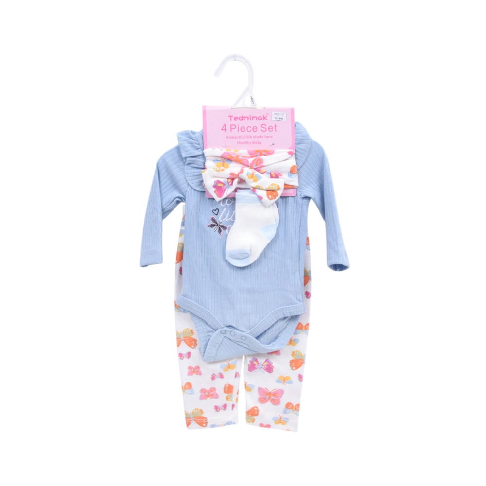 GIRLS L/S 4PC BODY SUIT SET (B) MIX COL ZHS-26 0-3M 1030 W/G