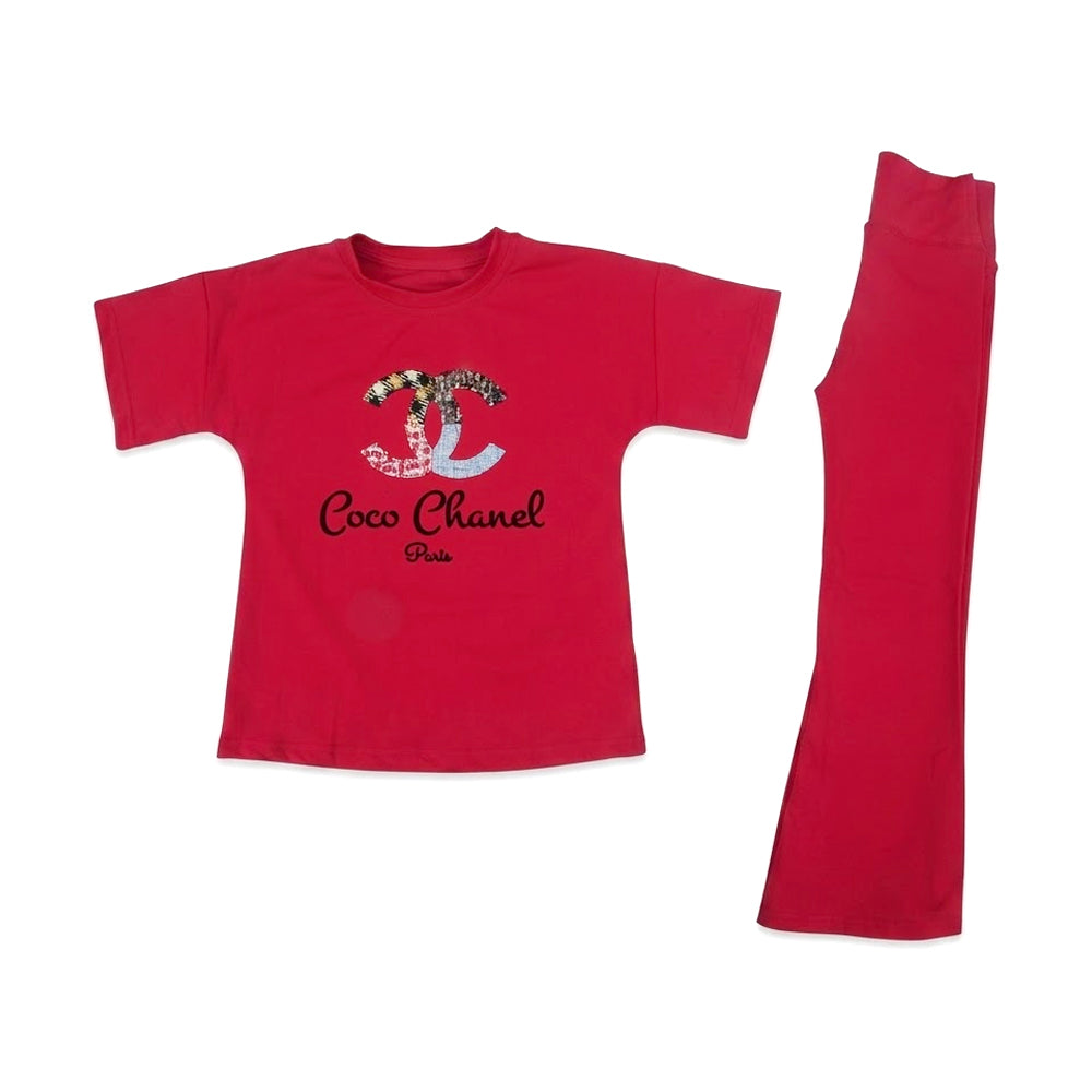 GIRLS S/S 2PC KNIT FLEEPER SUIT RED IR S-26 4-5 YEAR NO29