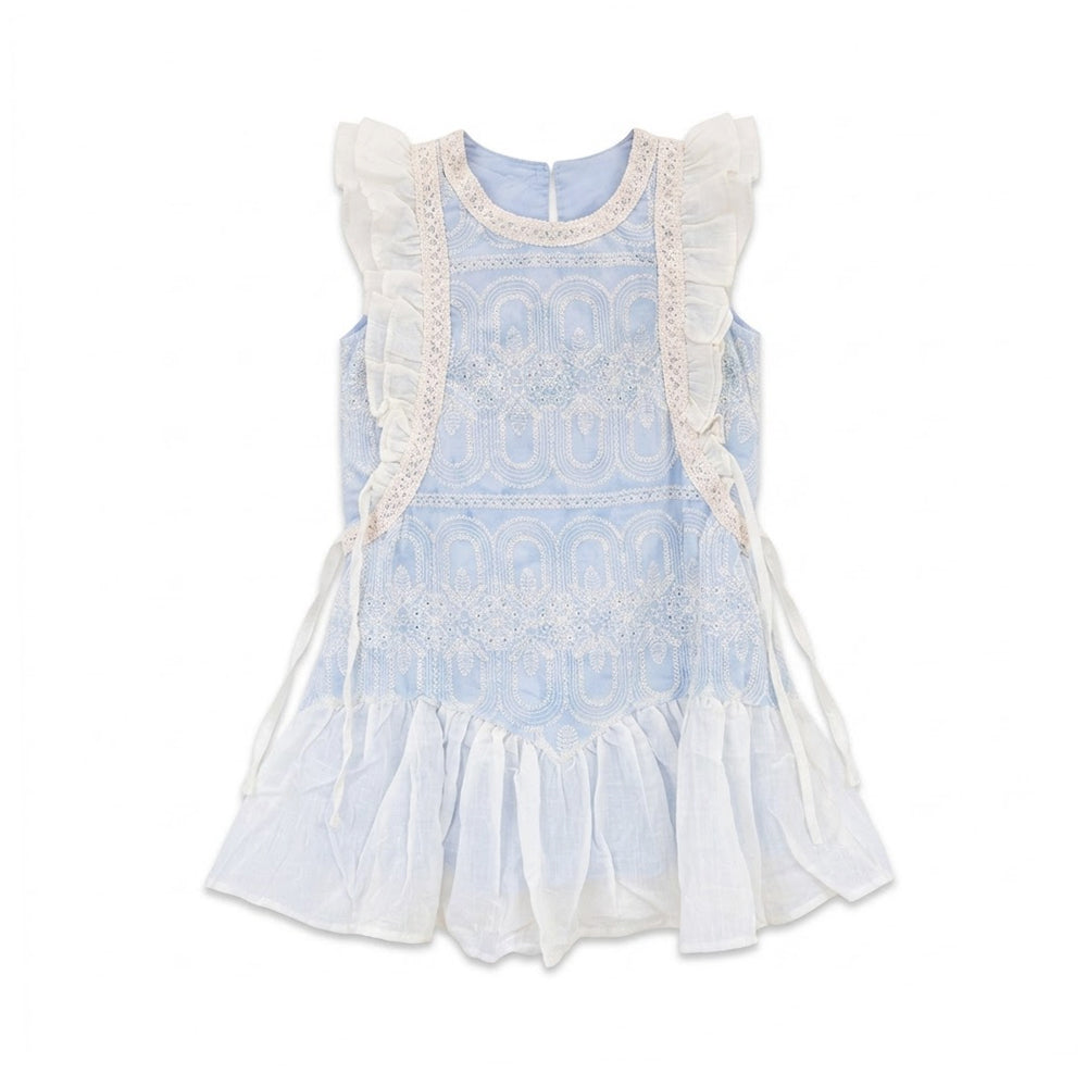 GIRLS CAP/SLV COTTON PRINTED FROCK SKY BLUE IR-26 6-7 YEAR 3