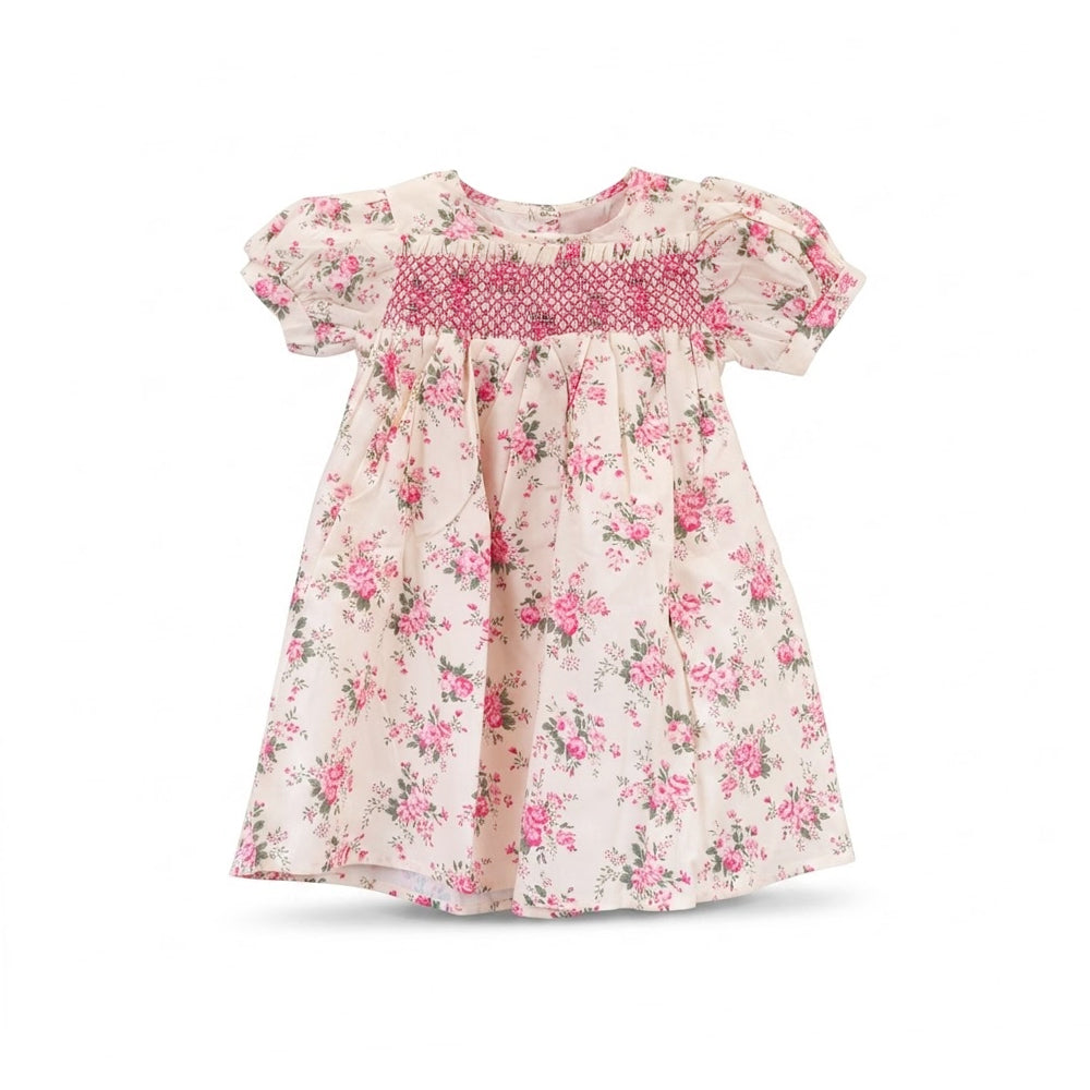 GIRLS CAP/SLV COTTON PRINTED FROCK OFF WHITE IR-26 2-3 YEAR