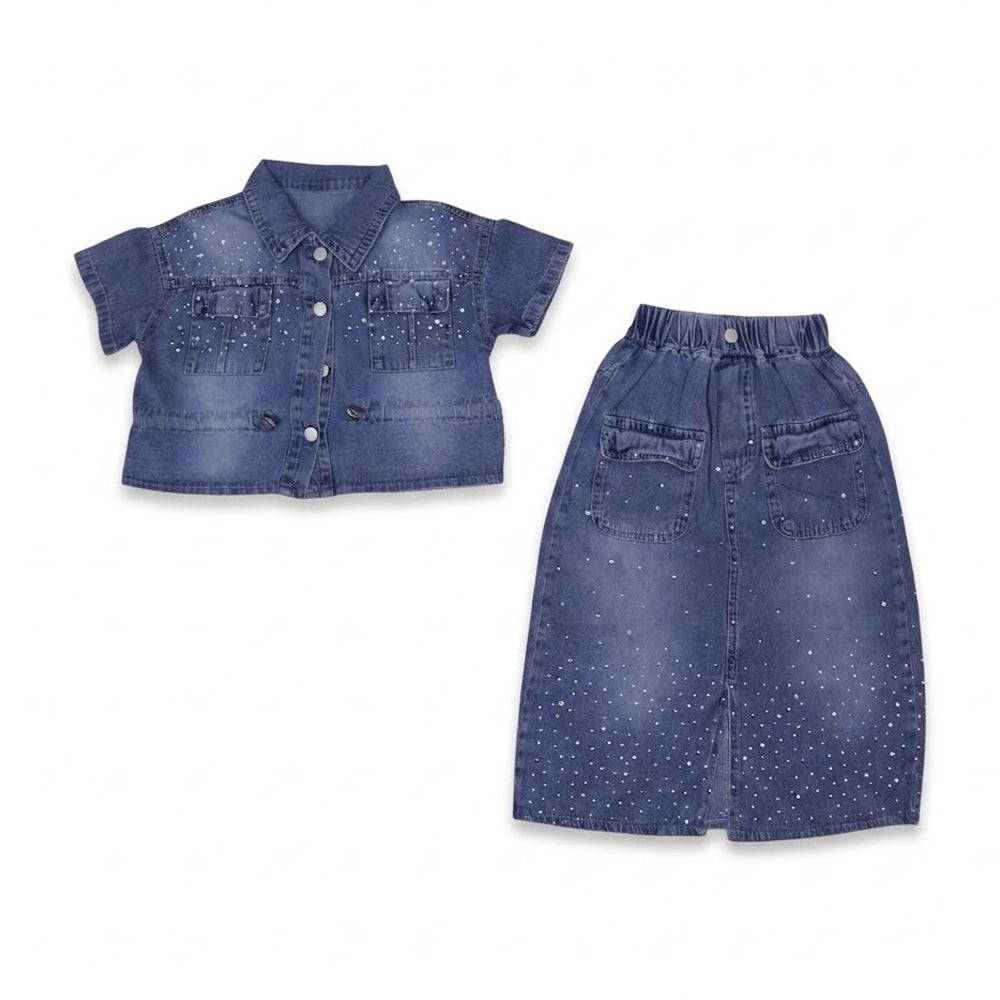 GIRLS S/S 2PC LONG SKIRT SUIT DENIM IR-26 4-5 YEAR 25857