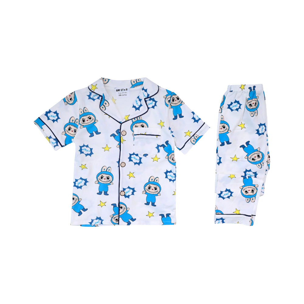BOYS S/S 2PC SLEEPING SUIT F/O 2-3YEAR WHITE PRINTED NO-10 I