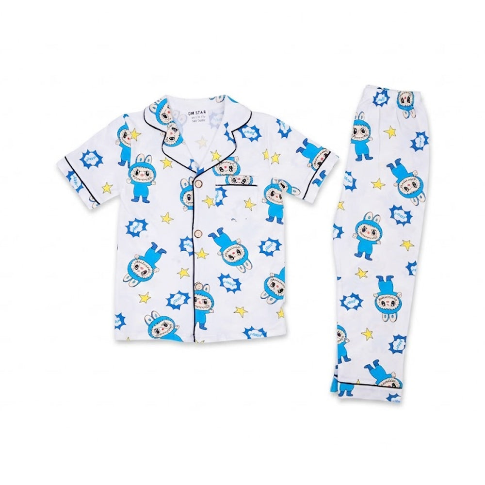 BOYS S/S 2PC SLEEPING SUIT F/O 3-4YEAR WHITE PRINTED NO-10 I
