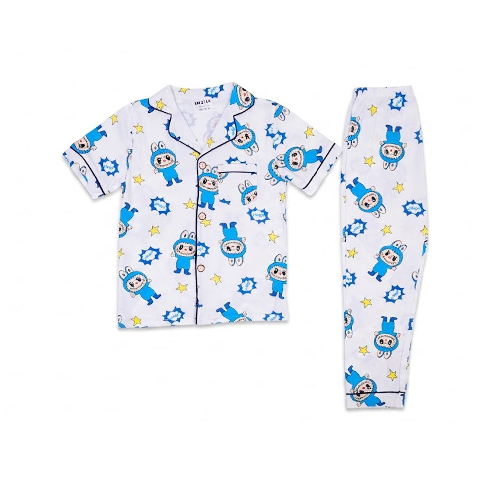 BOYS S/S 2PC SLEEPING SUIT F/O 4-5YEAR WHITE PRINTED NO-10 I