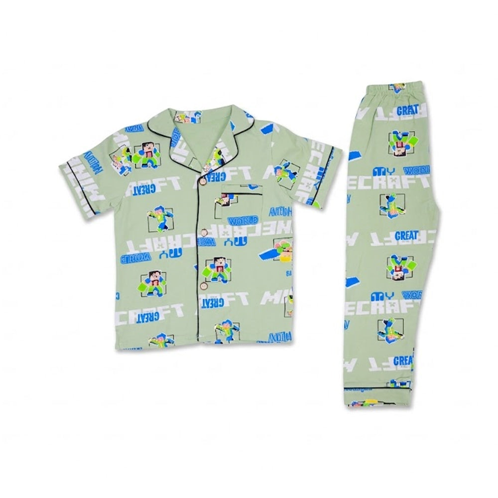 BOYS S/S 2PC SLEEPING SUIT F/O 4-5YEAR GREEN PRINTED NO-17 I