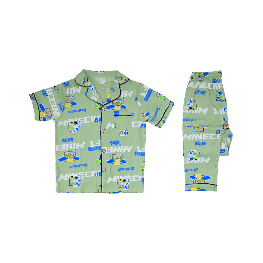 BOYS S/S 2PC SLEEPING SUIT F/O 8-9YEAR GREEN PRINTED NO-17 I