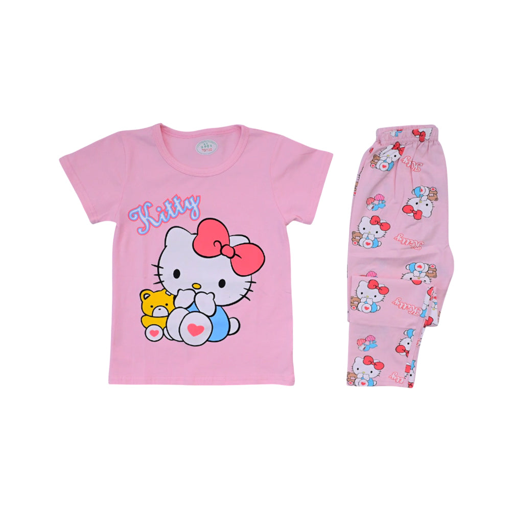 GIRLS S/S 2PC SLEEPING SUIT R/NECK 3-4YEAR L-PEACH NO-27 IR-
