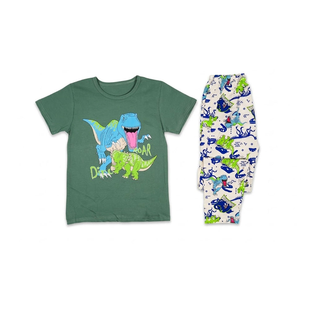 BOYS S/S 2PC SLEEPING SUIT ROUND NECK 7-8YEAR GREEN PRINTED