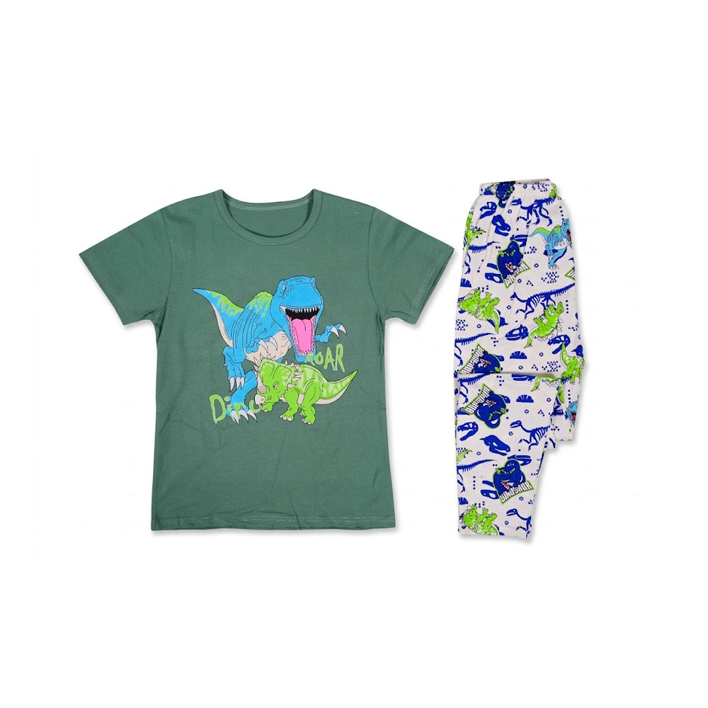 BOYS S/S 2PC SLEEPING SUIT ROUND NECK 8-9YEAR GREEN PRINTED