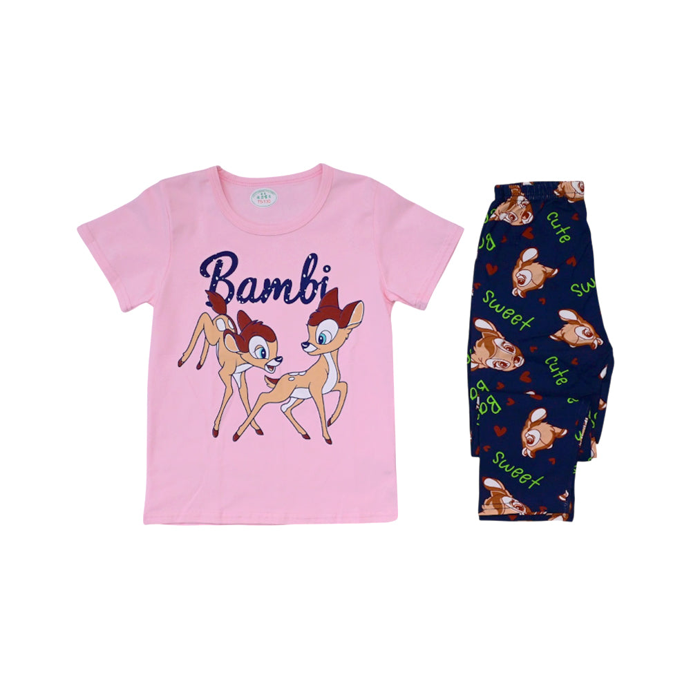 GIRLS S/S 2PC SLEEPING SUIT ROUND NECK 4-5YEAR PINK NO-35 IR