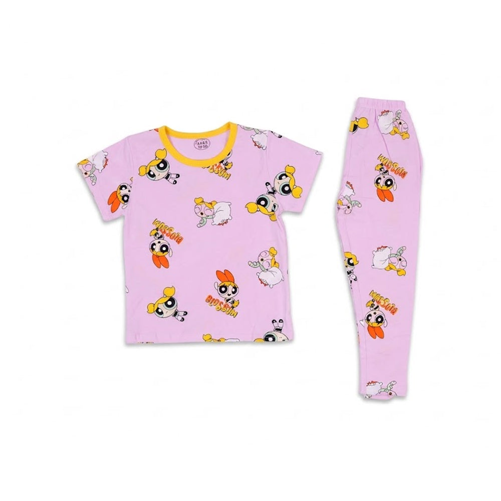 GIRLS S/S 2PC SLEEPING SUIT ROUND NECK 3-4YEAR L-PURPLE NO-3