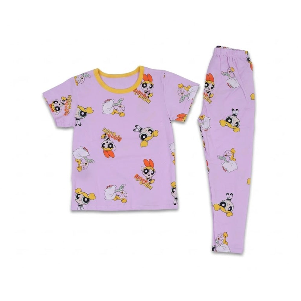 GIRLS S/S 2PC SLEEPING SUIT ROUND NECK 4-5YEAR L-PURPLE NO-3