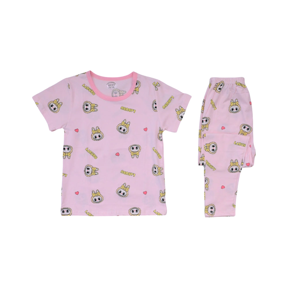 GIRLS S/S 2PC SLEEPING SUIT ROUND NECK 4-5YEAR L-PINK NO-37