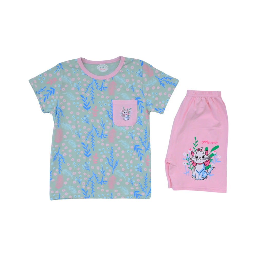GIRLS S/S 2PC KNICKER SUIT 5-6YEAR GREEN /PINK NO-49 IR-26