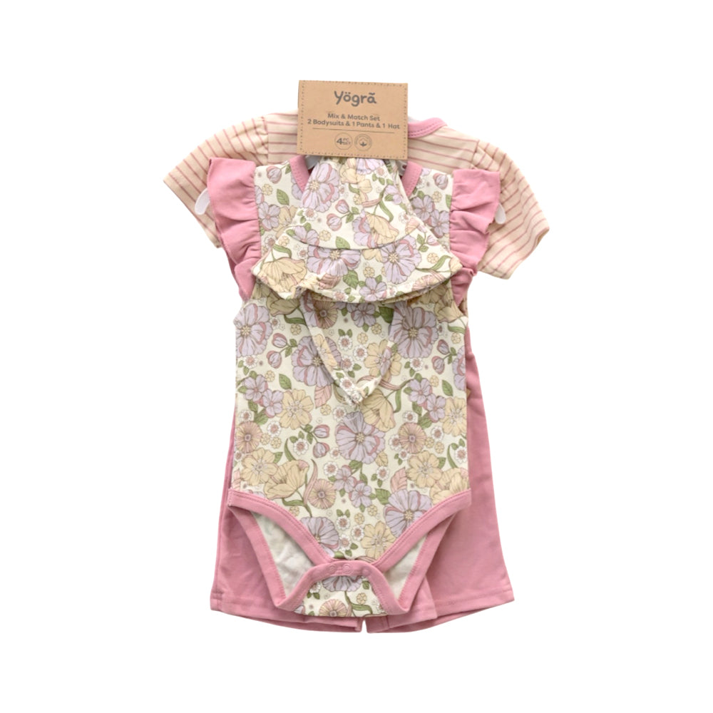 GIRLS S/S 4PC KNICKER SUIT (A) PINK FLOWER 12-18M ZHS-26 NO-