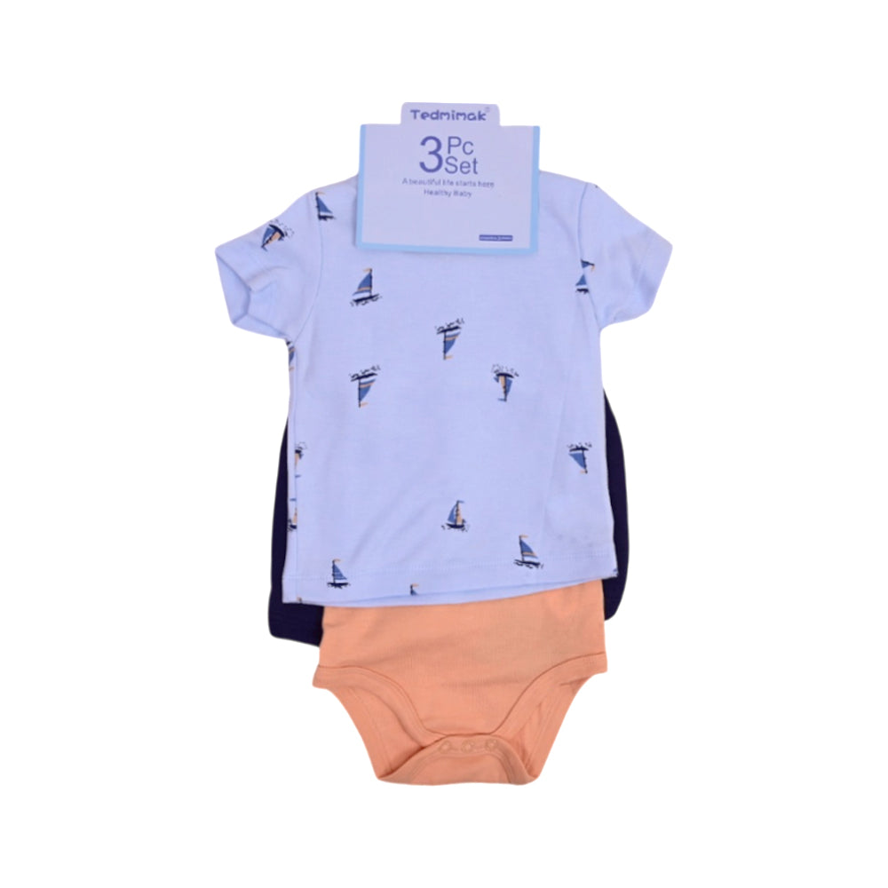 BOYS S/S 3PC KNICKER SUIT  BLUE/PEACH 9-12M ZHS-26 NO-4 W.G