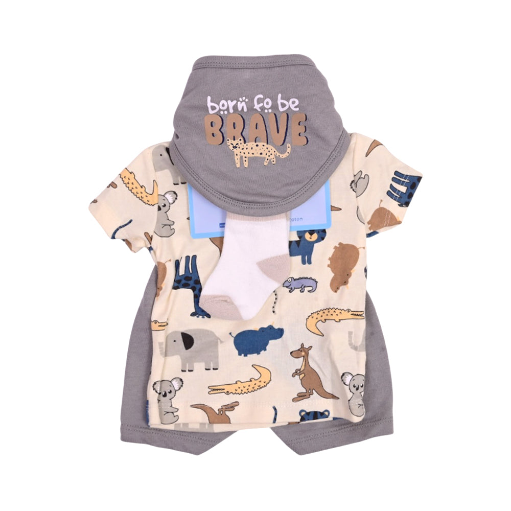 BOYS S/S 4PC KNICKER SUIT OFF WHITE/GREEN 3-6M ZHS-26 NO-6 W