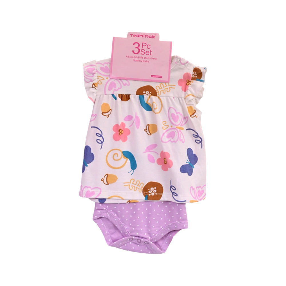 GIRLS CAP SLEEVE 3PC KNICKER SUIT L-PURPLE PRINTED 6-9M ZHS-