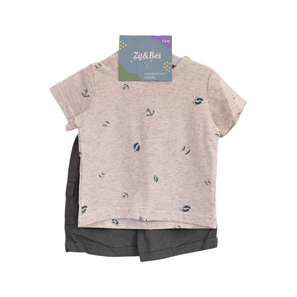 BOYS S/S 2PC KNICKER SUIT GREY/GREEN 9-12M ZHS-26 NO-34 W.G