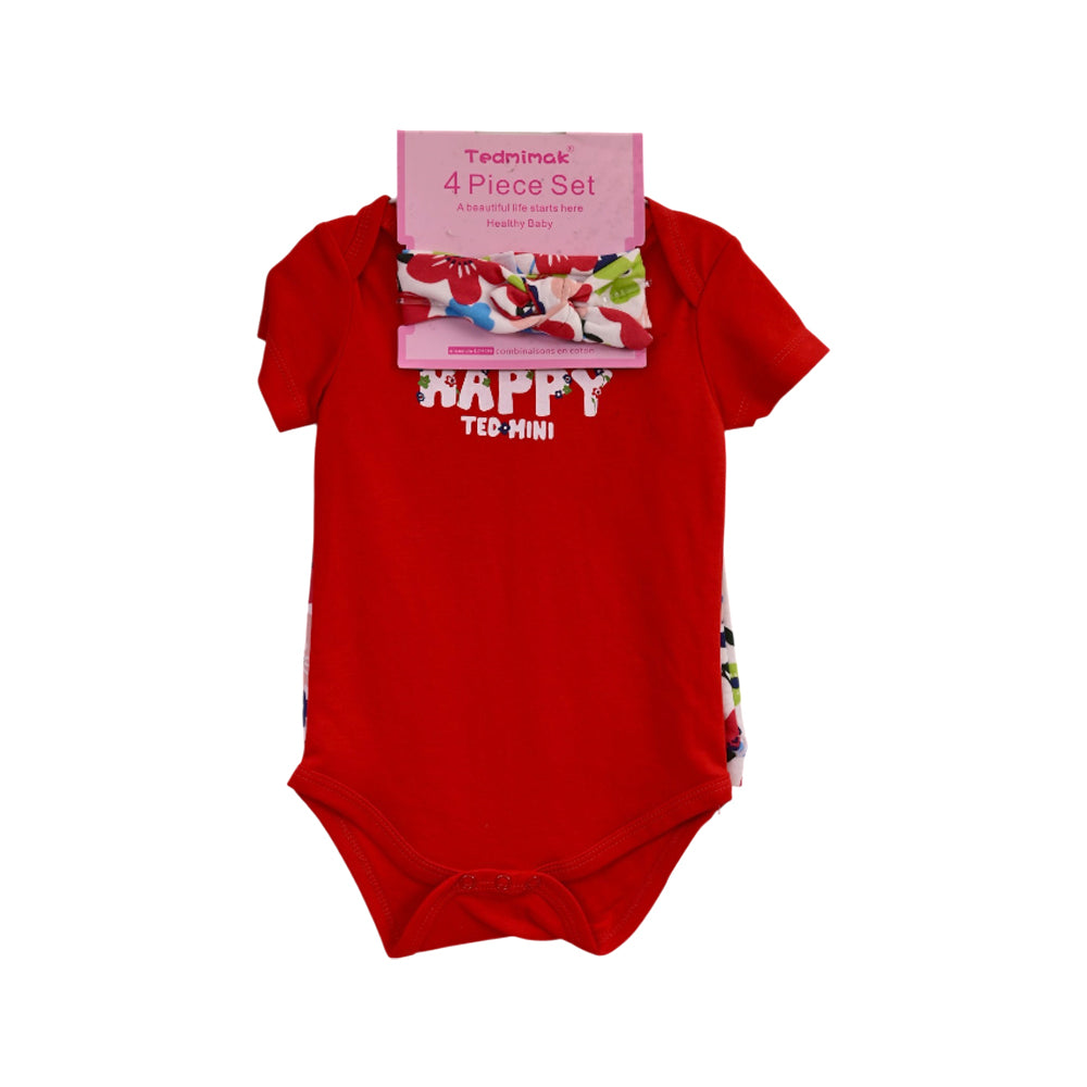 GIRLS S/S 4PC KNICKER SUIT RED 9-12M ZHS-26 107 W.G