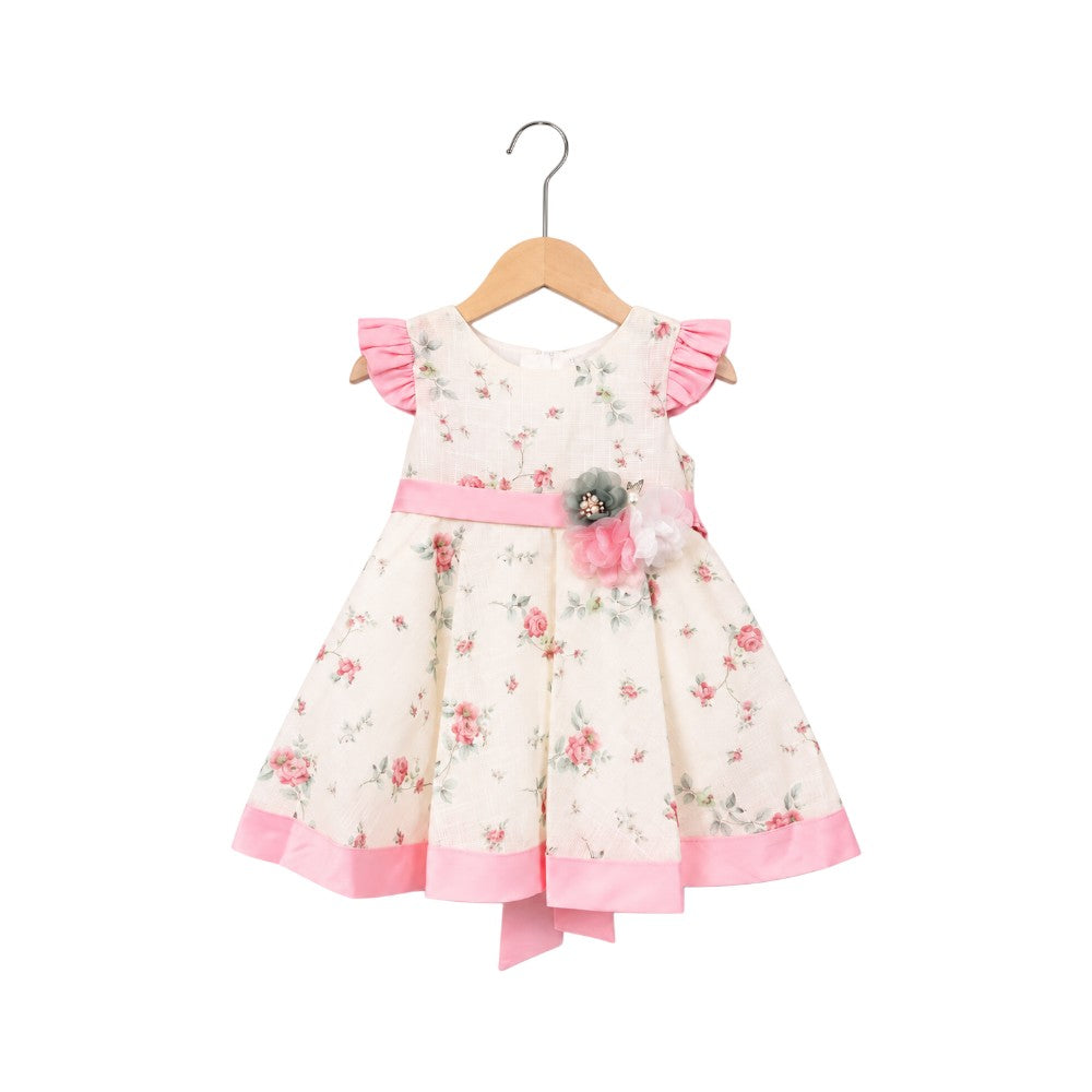GIRLS C/S F.FROCK PRINT H&R VA1652 OFF-WHITE/PINK IR-
