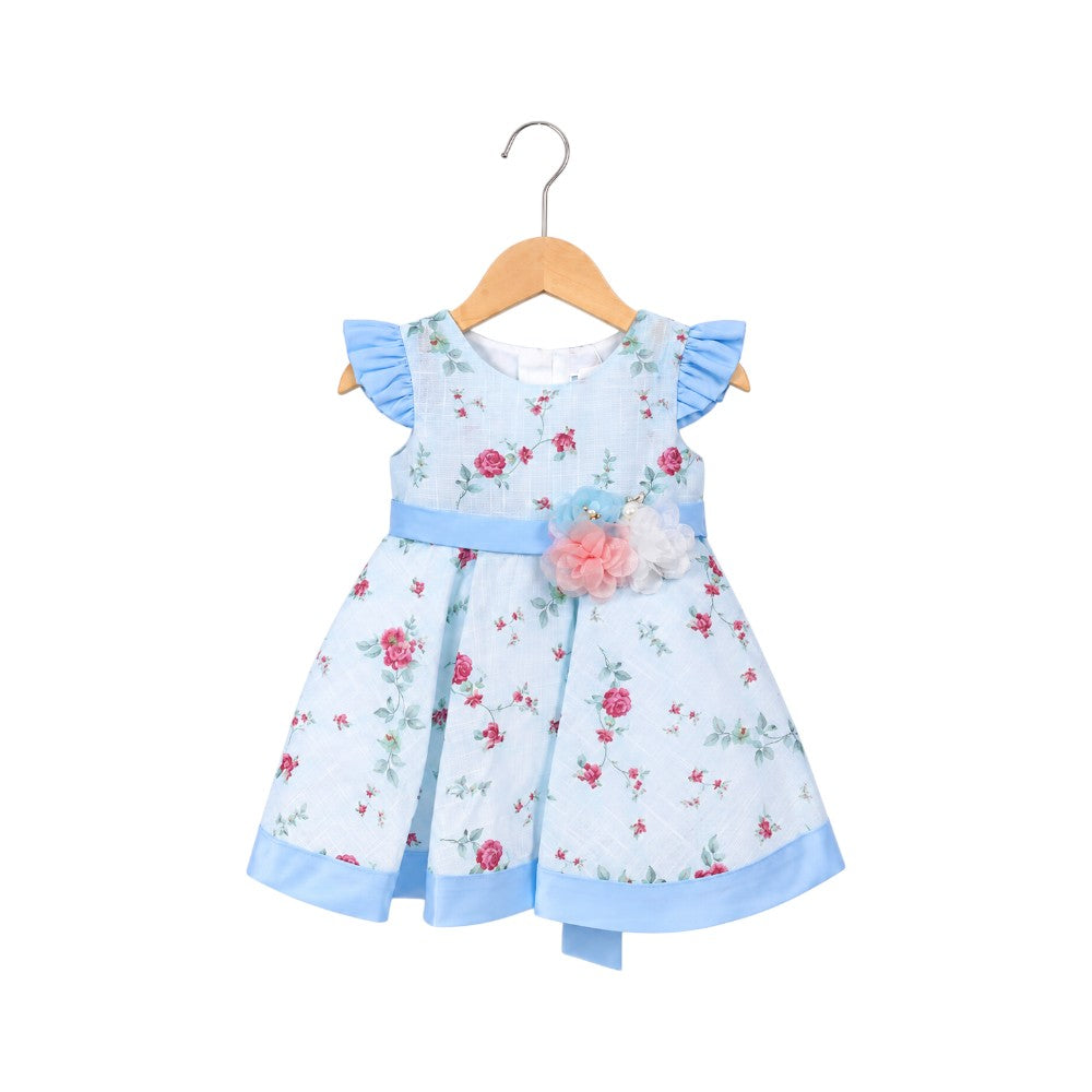GIRLS C/S F.FROCK PRINT H&R VA1652 C-GREEN/BLUE IR-26