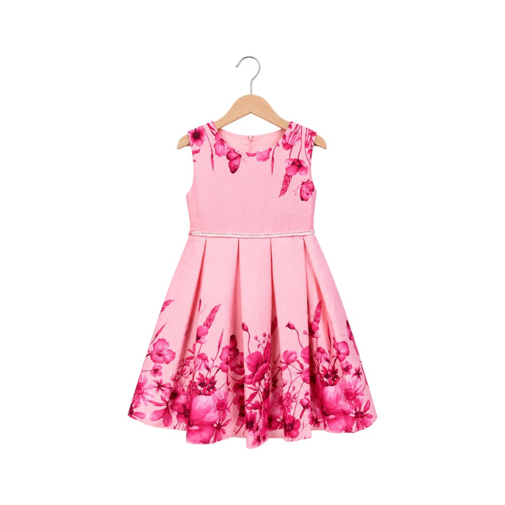 GIRLS S/L COT PRINT FROCK H&R VE0487 BABY PINK IR-26