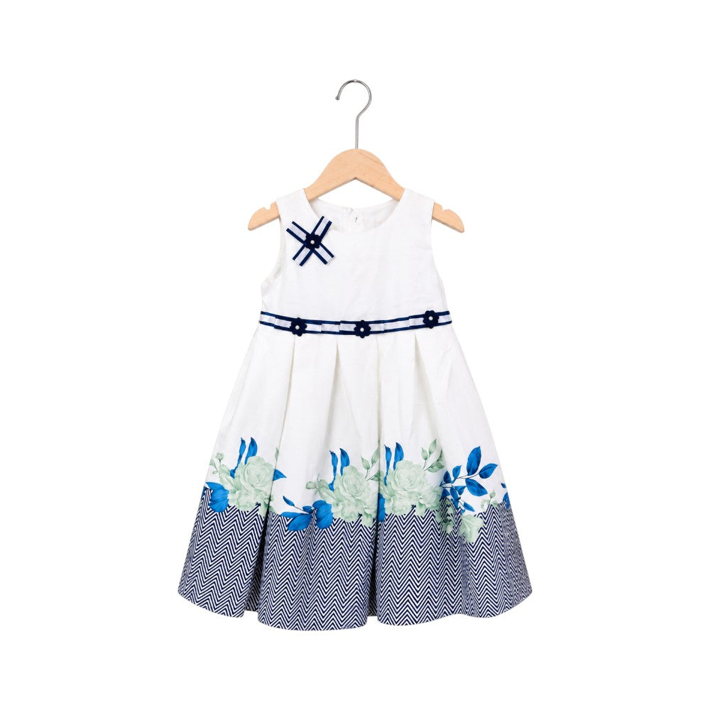GIRLS S/L F.FROCK PRINT H&R VB550 OFF-WHITE/BLUE IR-