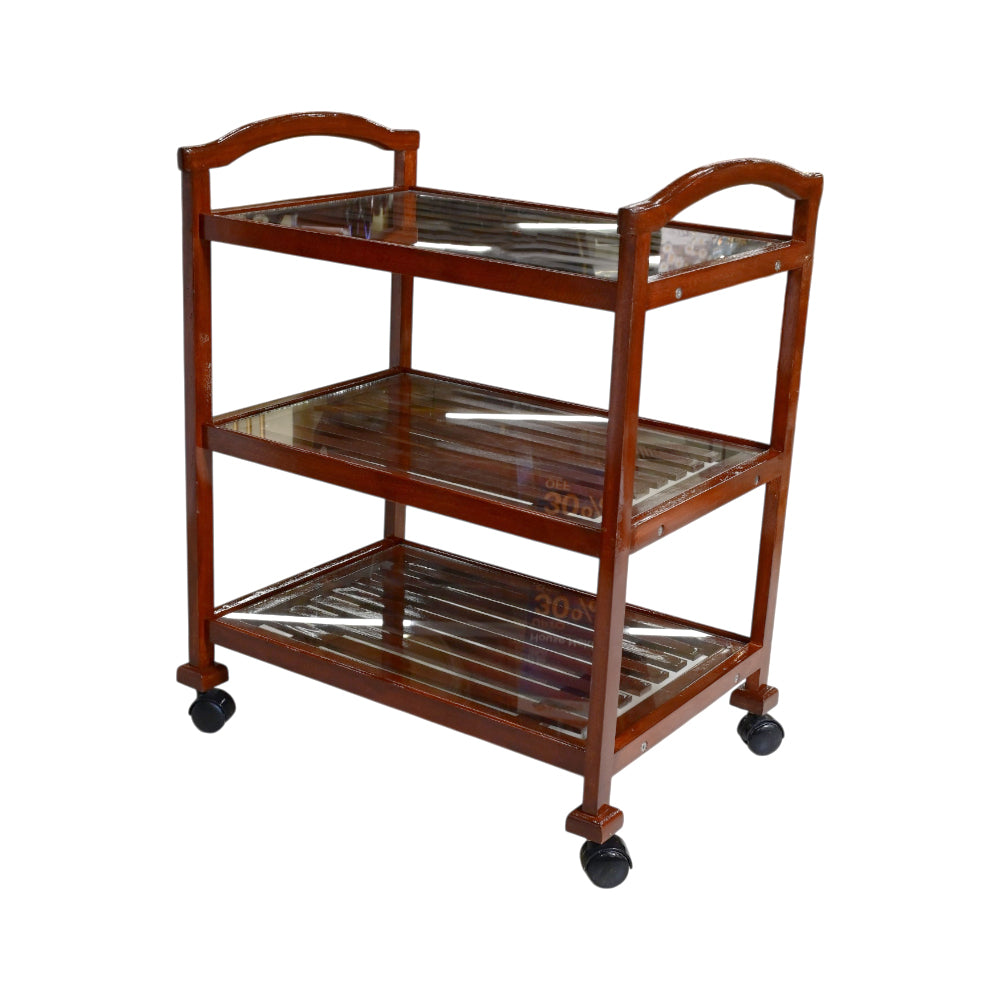 WOODEN TEA TROLLEY WITH GLASS 3 SHELF DARK BROWN