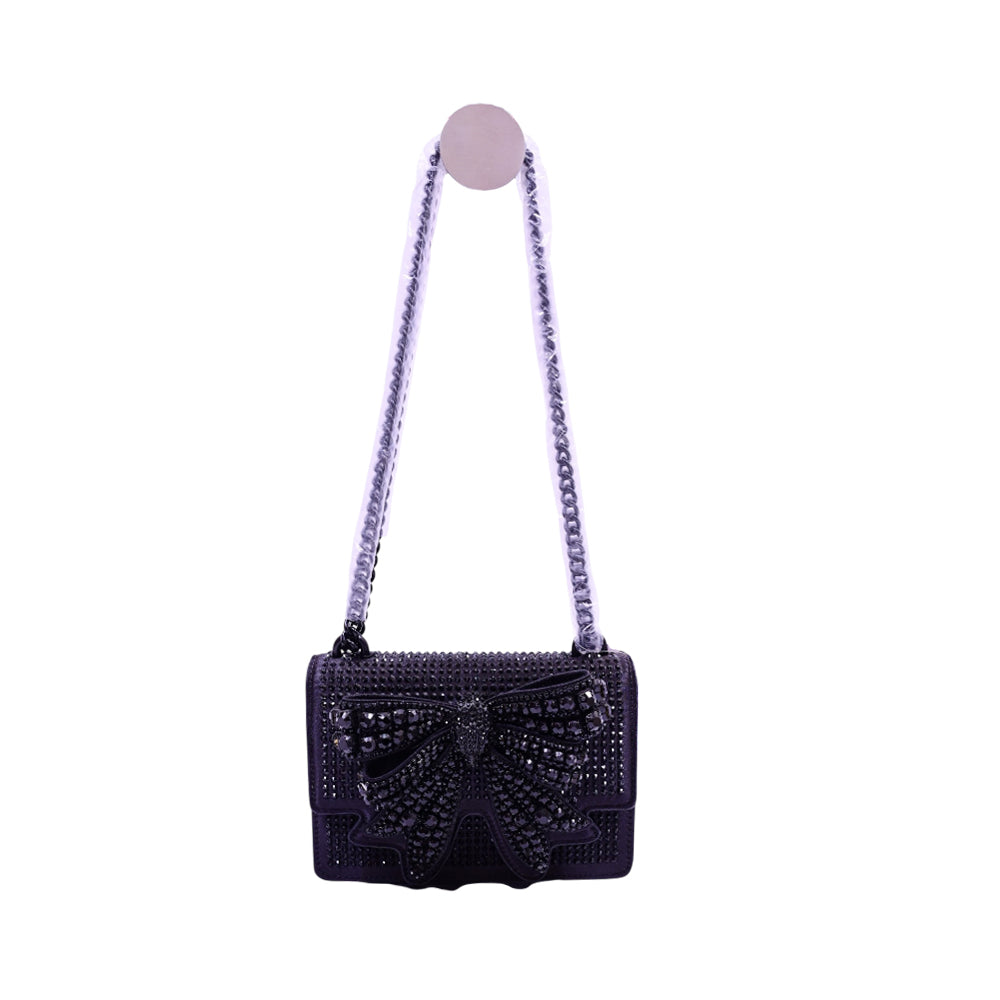 KURT GEIGER SMALL SHOREDITCH BLACK BOW SATIN BAG