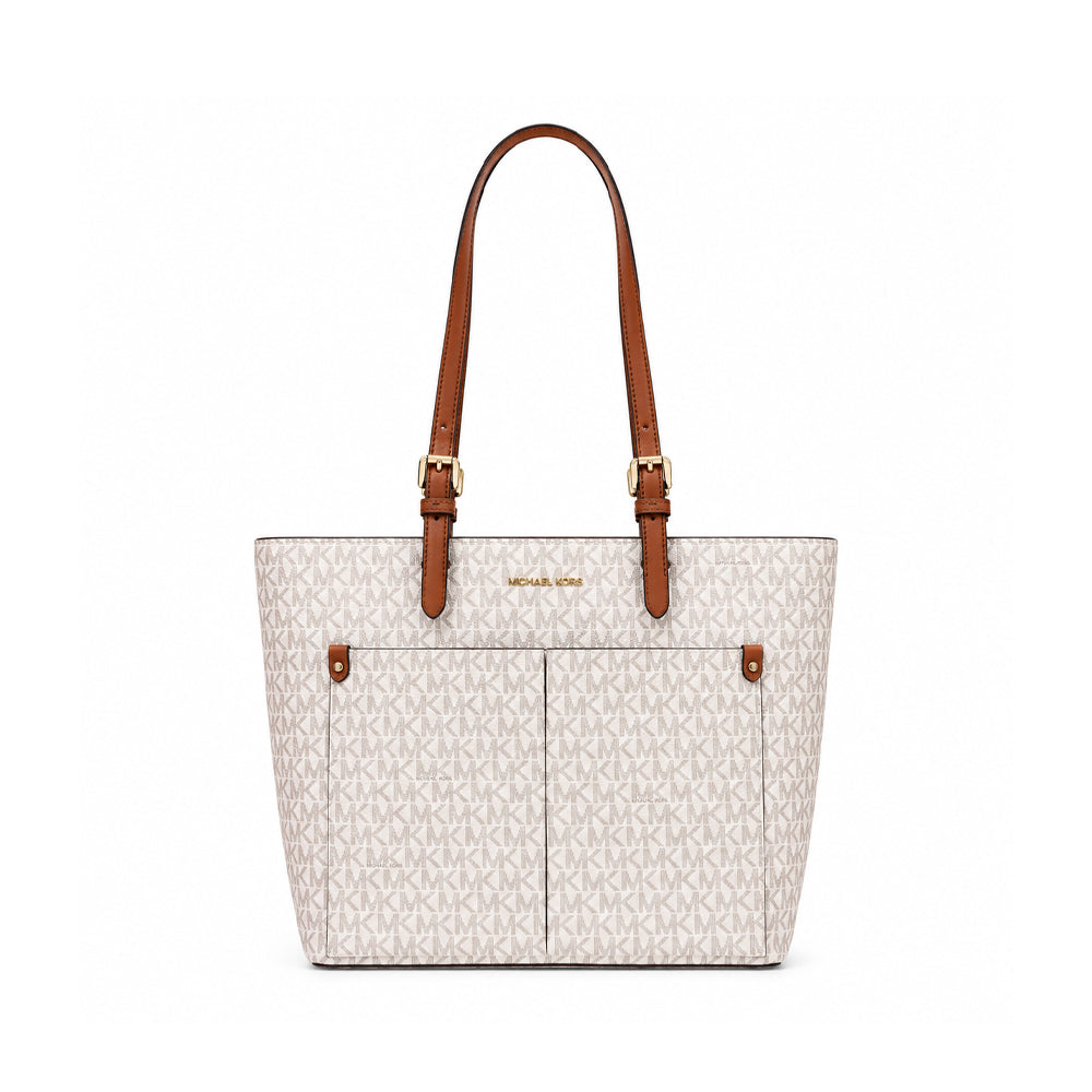 MK JET SET TRAVEL DBL POCKET TOTE BAG 35F3GTVT3B VANILLA SIG