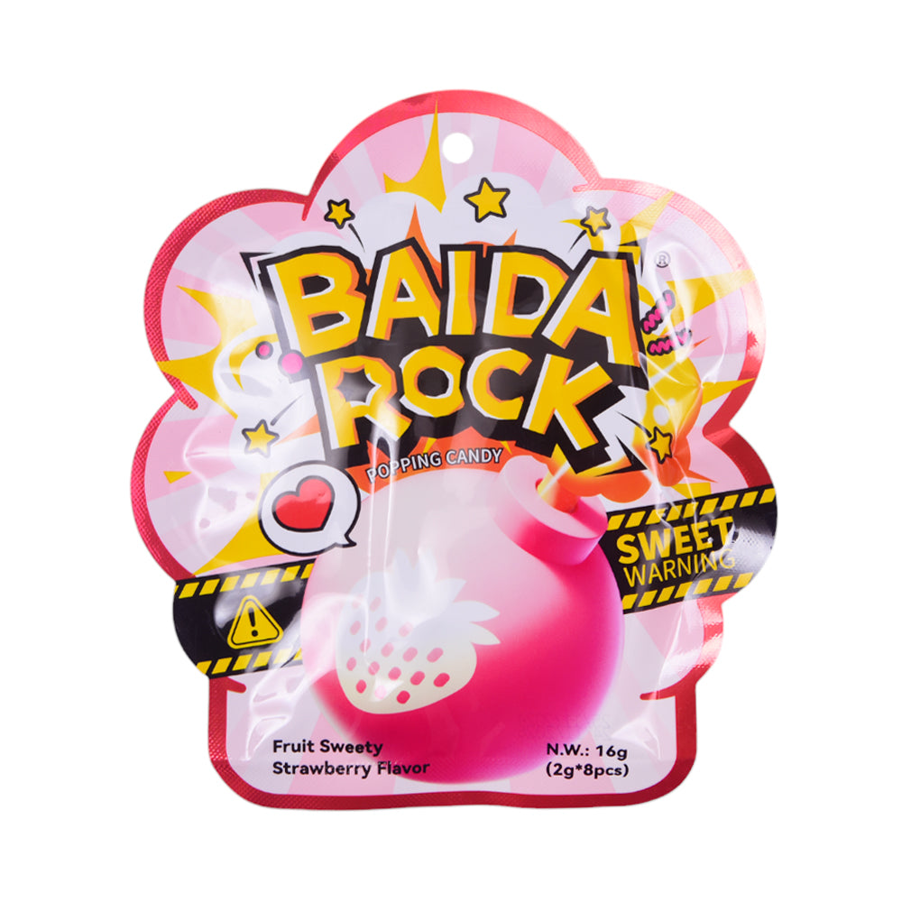 BAIDA ROCK POPPING CANDY LOLLIPOP STRAWBERRY 16 GM