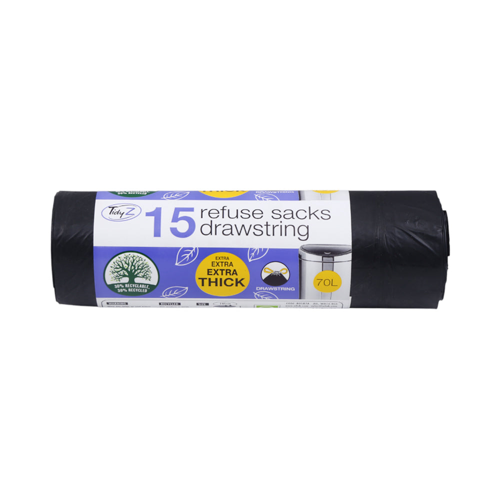 TIDYZ GARBAGE BAG 15 REFUSE SACKS DRAWSTRING 70L B0587A