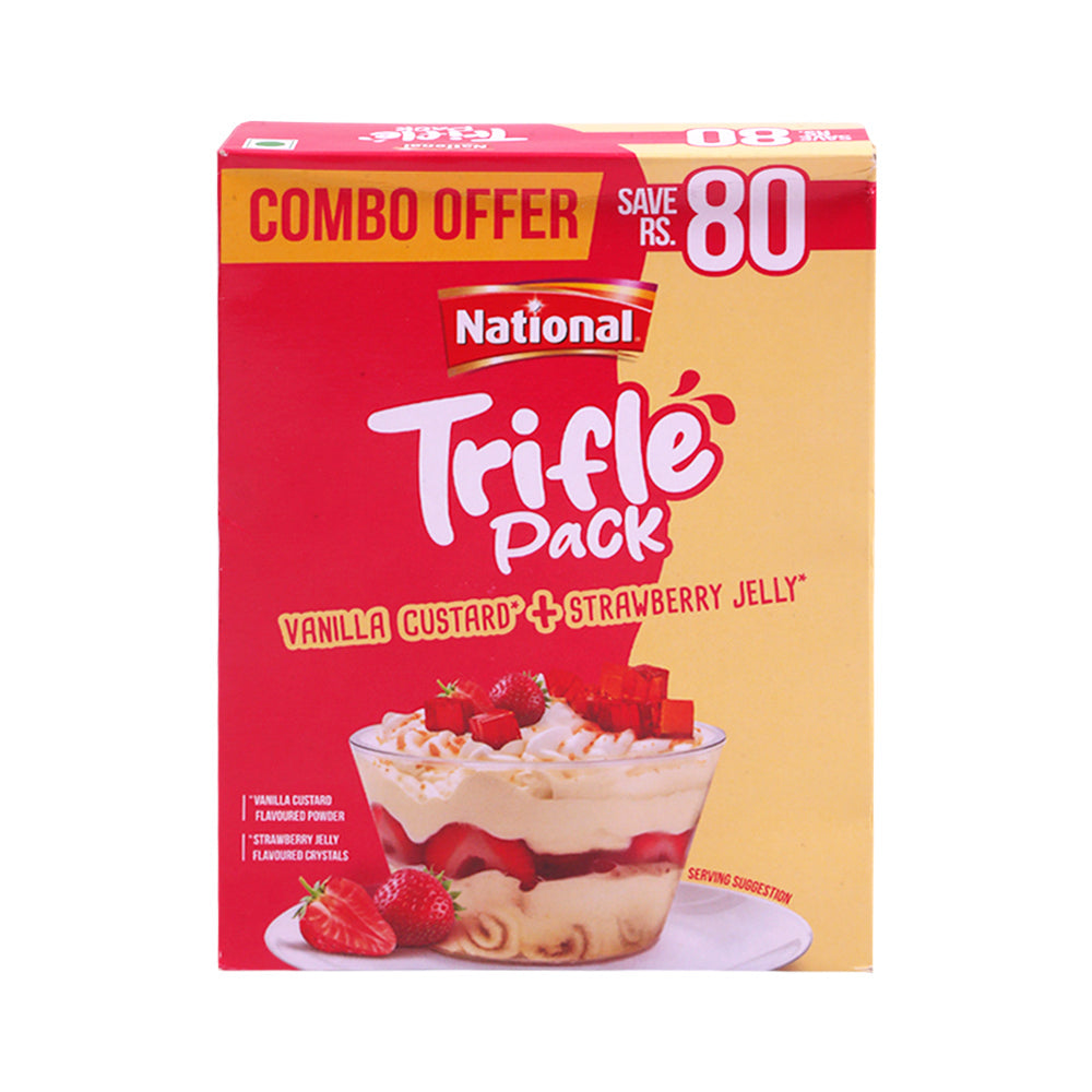 NATIONAL TRIFLE PACK VANILLA CUSTARD+STRAWBERRY JELLY 355GM