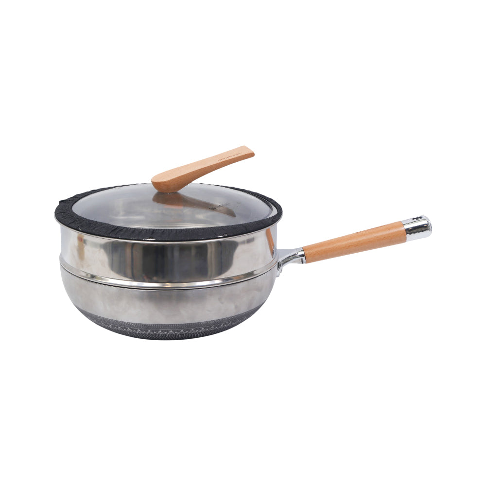 WOK WITH STEAMER SINGLE HANDLE 30 CM SS316