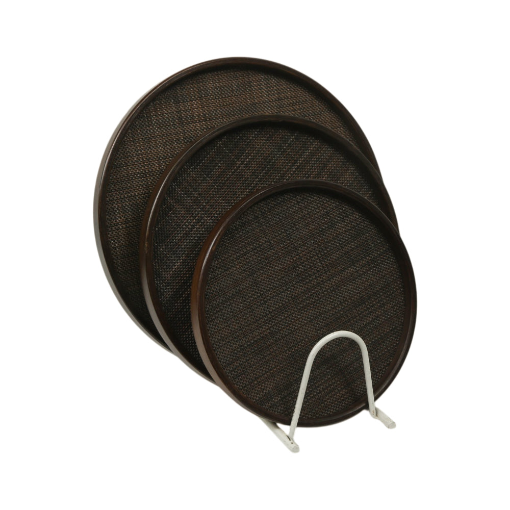 TRAY SET 3PC WOODEN DARK JUTE STYLE ROUND 13-8/1243