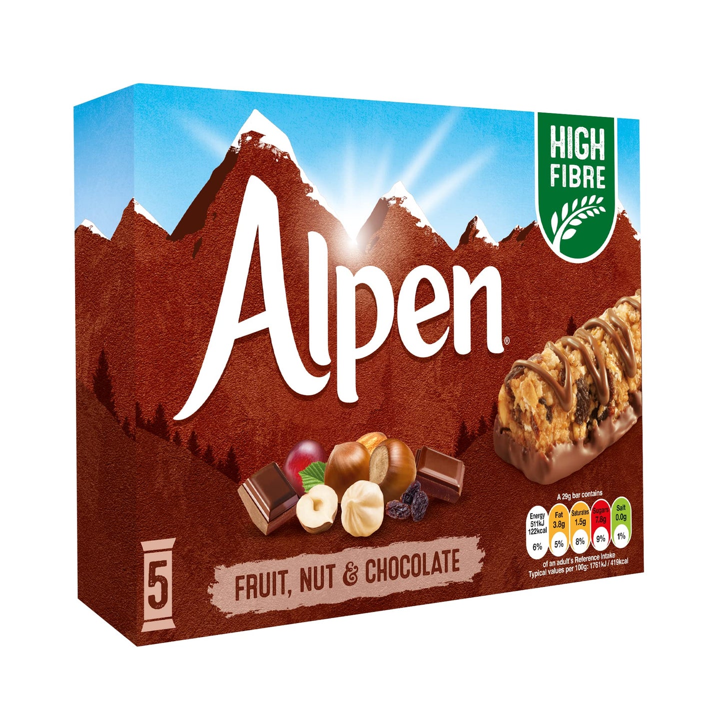 ALPEN CEREAL BARS FRUIT AND NUT WITH CHOCOLATE 5PC 145 GM