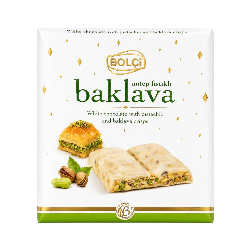 BOLCI WHITE CHOCOLATE WITH PISTACHIO & BAKLAVA CRISPS 70 GM