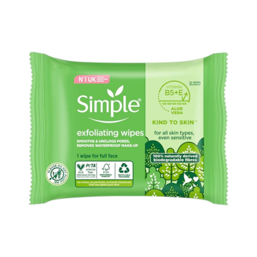 SIMPLE FACIAL WIPES EXFOLIATING ALOE VERA VIT-B5+E 20S