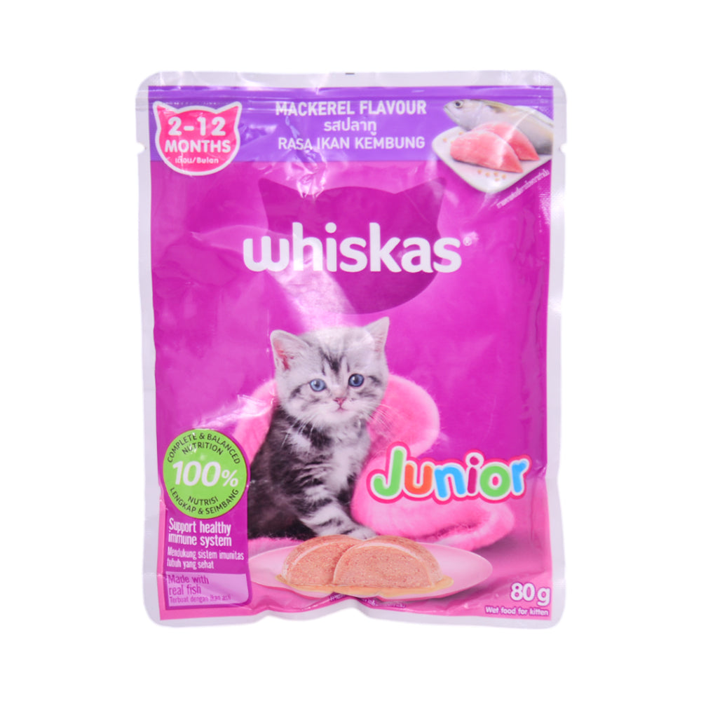WHISKAS CAT FOOD JUNIOR 2-12-MONTH MACKEREL POUCH 80 GM