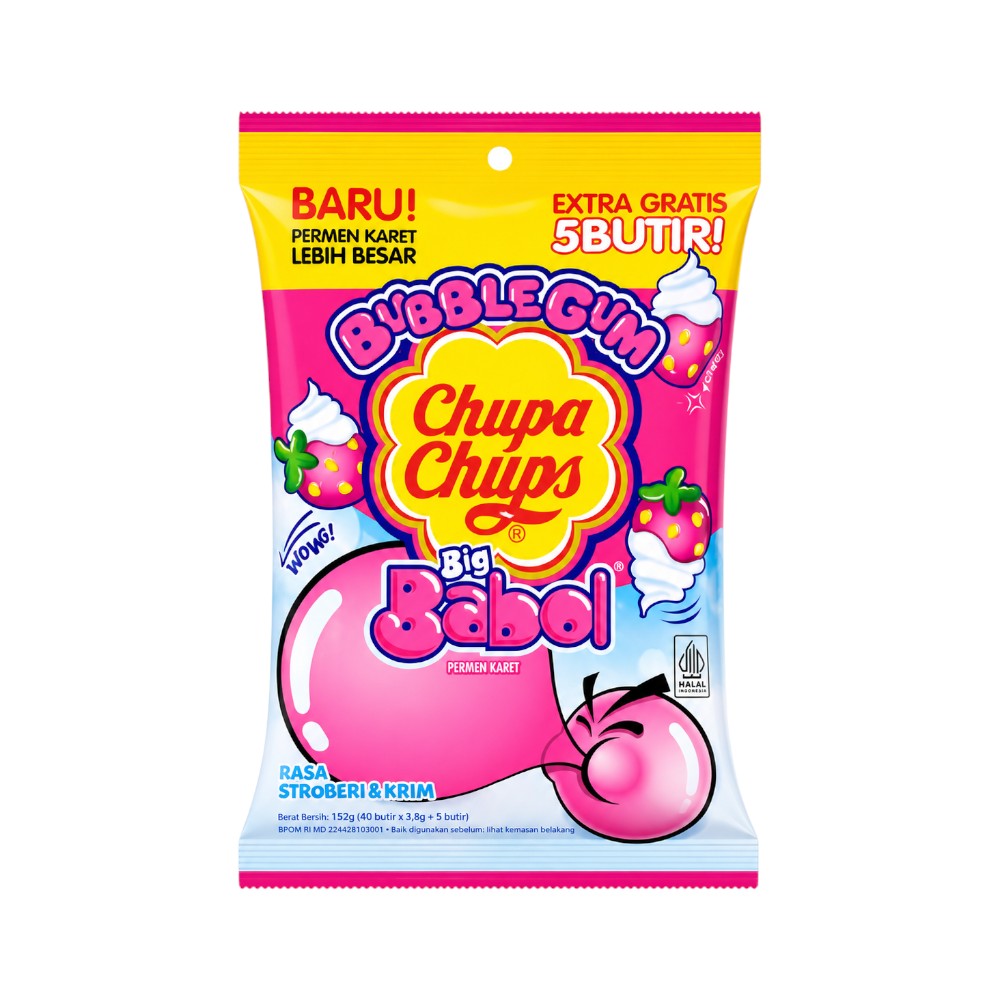 CHUPA CHUP BUBBLE GUM STROBERI & KRIM 40 BUTIR 152 GM