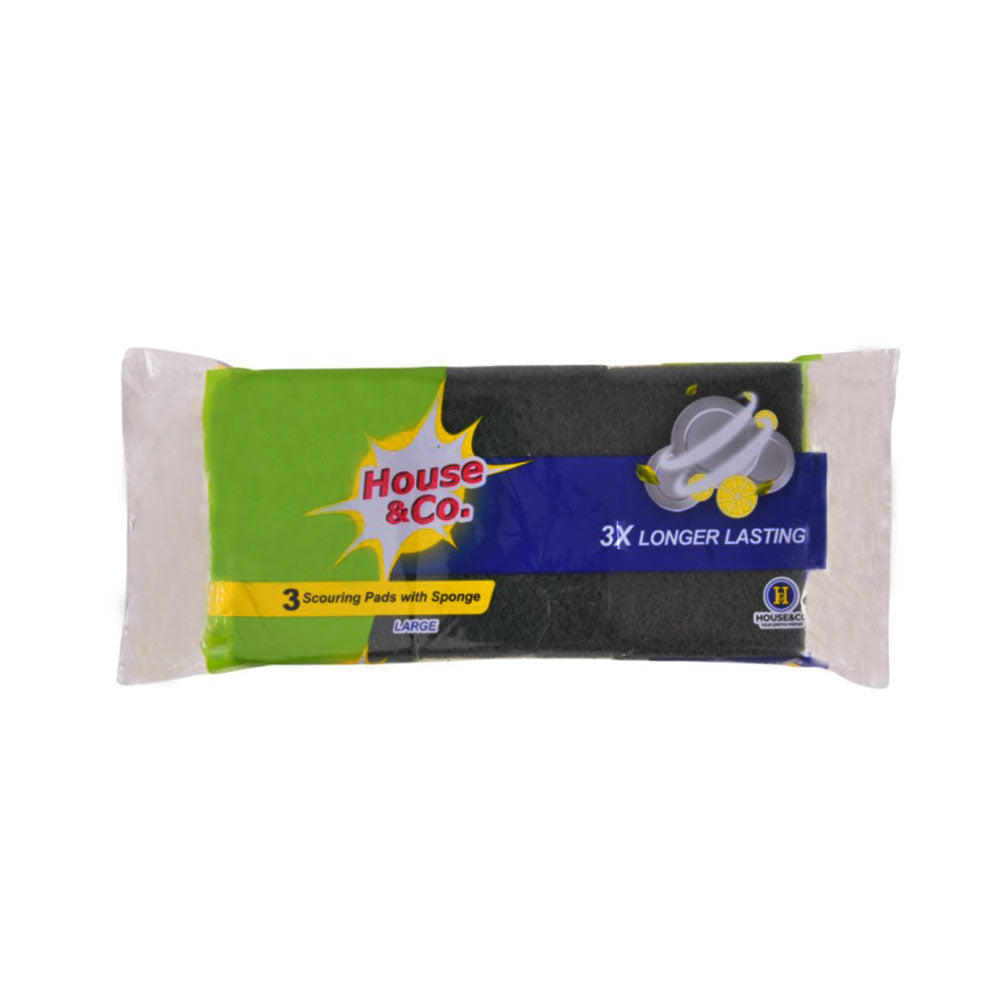 HOUSE&CO. SCOURING PAD WITH SPONGE LARGE 3IN1