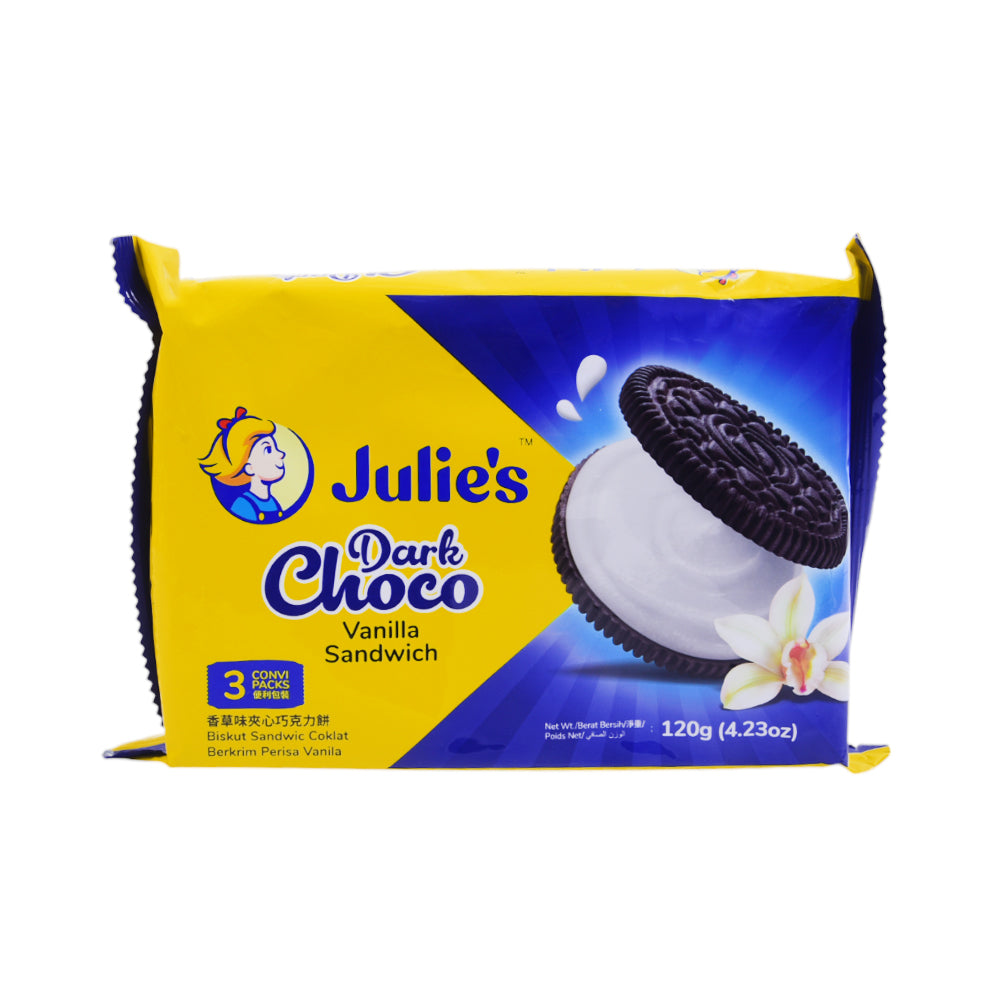 JULIES DARK CHOCO VANILLA SANDWICH BISCUITS 120 GM